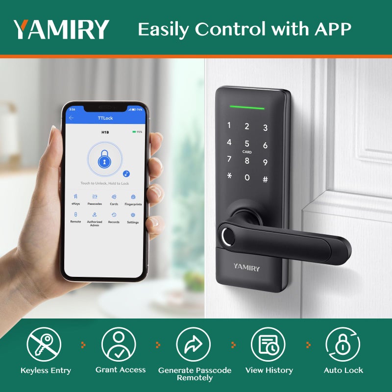 Yamiry Smart Door Lock, Biometric Fingerprint, Keyless Entry, App Control, 6 Ways to Unlock, DIY Installation, Black - Image 3